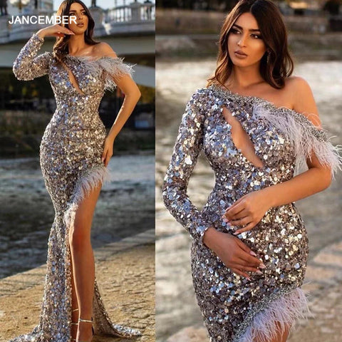 J67070 JANCEMBER Prom Dresses 2020 One-Shoulder Feather Shining Sequins Lace Up Back Court Train Luxury Mermaid