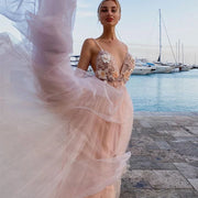 UZN Elegant Champagne Beading Flowers Prom Dresses Sexy V-Neck Backless Prom Gown Tulle A-Line Evening Dress платья для выпускно