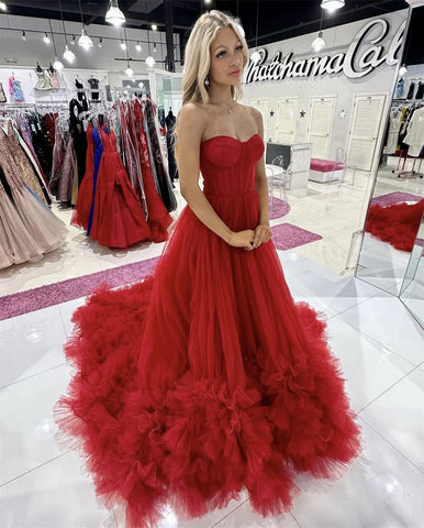 Sweetheart Red Prom Dresses Strapless Tulle Curled Edges Evening Dress فساتين السهرة Bride Wedding Formal Occasion Party Dress