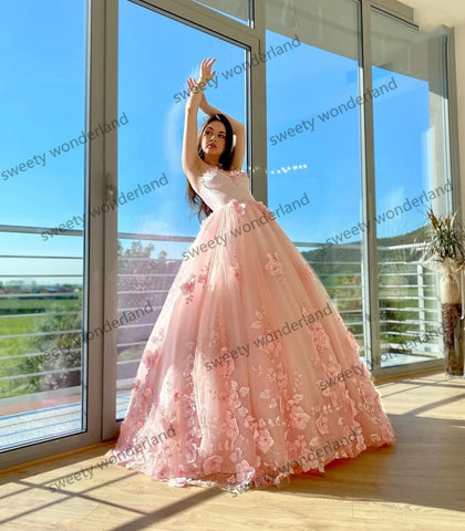 Princess Pink Prom Dresses with 3D Flower Appliques Evening Gown Floor Length Women Sweetheart Party vestido de novia
