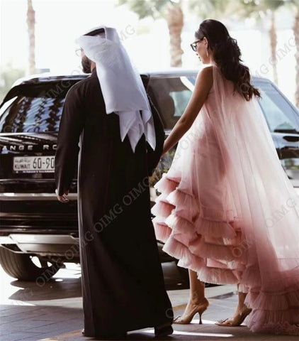 OIMG Pink Tulle Tiered Prom Dresses Jacket Sheath Gorgeous Sleeveless High-low Saudi Arabia Evening Party Gowns فساتين مناسبة رس