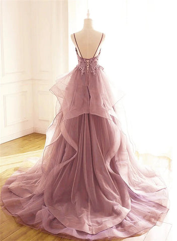 Annie V-neck Tulle Embroidery Prom Dresses Multi-layer Ruffles Party Dresses Dark Pink Evening Dress 2024 فساتين سهرة عربية