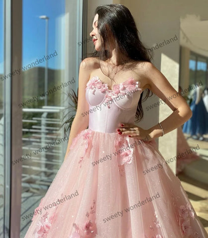 Princess Pink Prom Dresses with 3D Flower Appliques Evening Gown Floor Length Women Sweetheart Party vestido de novia