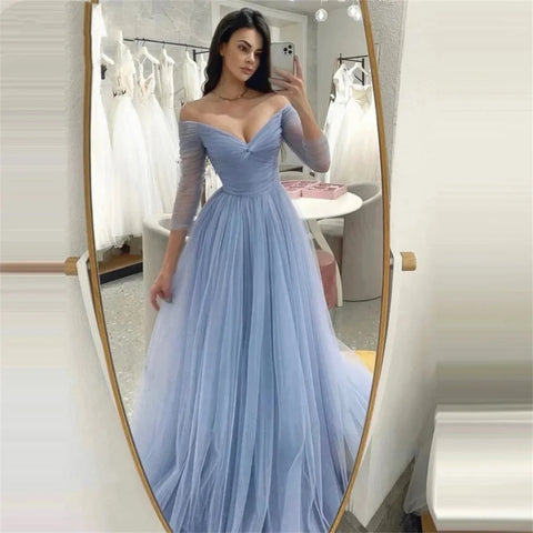 Simple Tulle Prom Dress Vestidos De Noche Light Blue Off-shoulder Long Sleeves Evening Dress Wedding Bridesmaid DressParty Dress