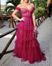 Ruffle Tiered Tulle Layers Long Prom Dresses Off The Shoulder Fuchsia Party Evening Gown Floor Length robes de soirée 2024