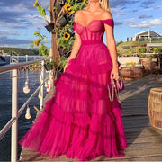 Ruffle Tiered Tulle Layers Long Prom Dresses Off The Shoulder Fuchsia Party Evening Gown Floor Length robes de soirée 2024