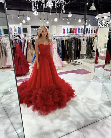 Sweetheart Red Prom Dresses Strapless Tulle Curled Edges Evening Dress فساتين السهرة Bride Wedding Formal Occasion Party Dress
